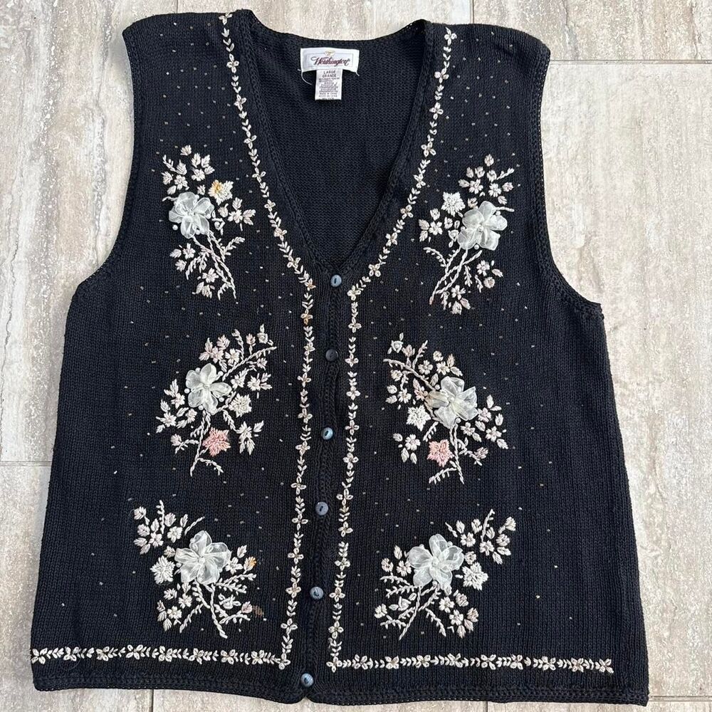 Vtg 90s Embroidered Floral Sweater Vest Large Black Coquette Cottagecore Knit